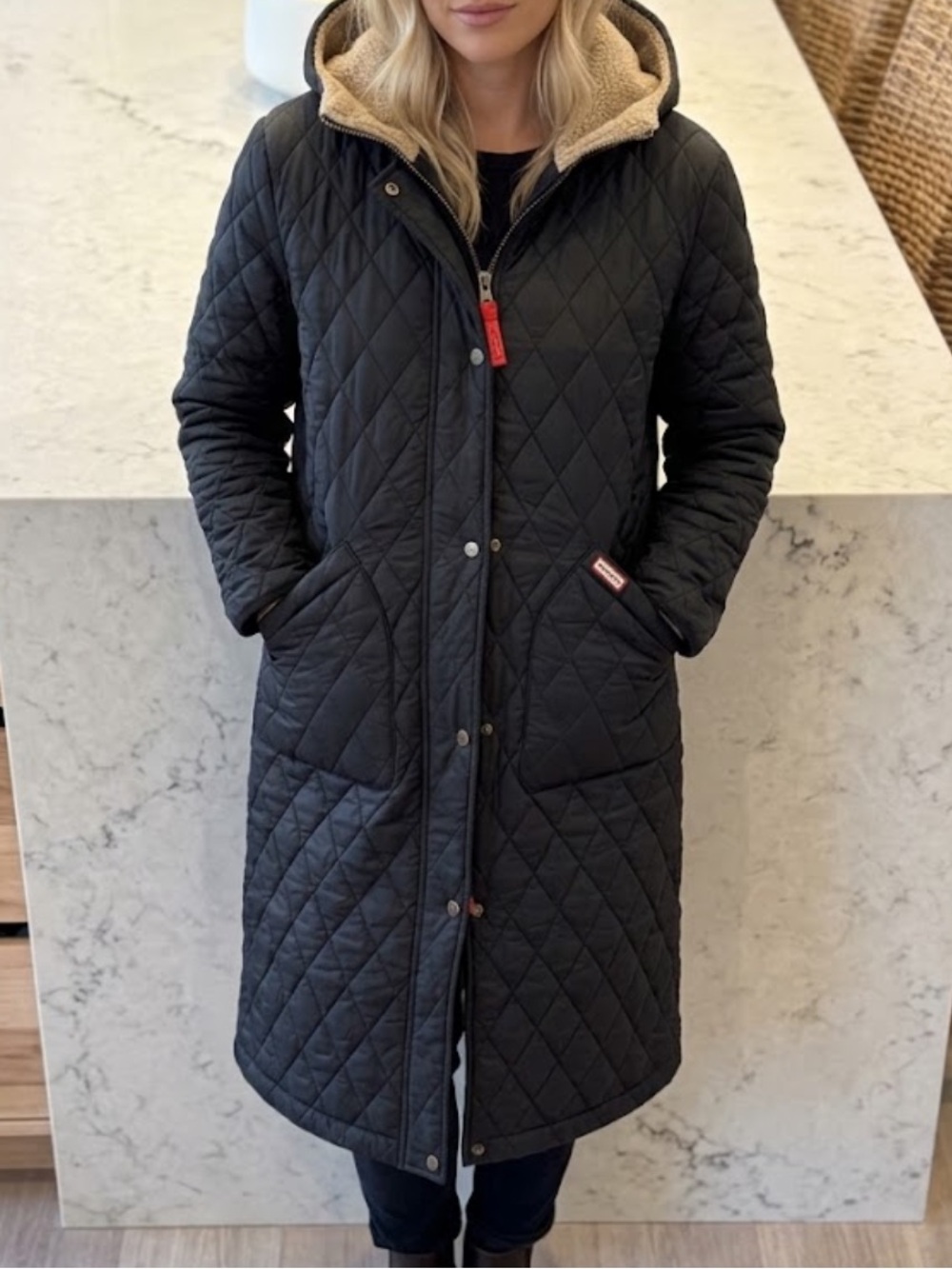 Hunter Quilted Long Hooded Coat in Black - new! XS
